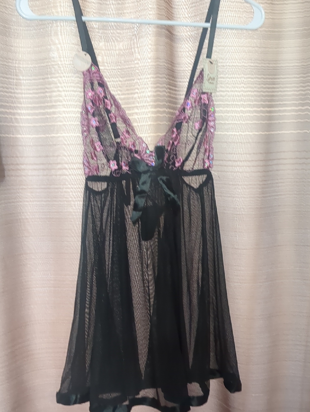 Sheer Black Chemise with Pink Sequin Floral Bodice